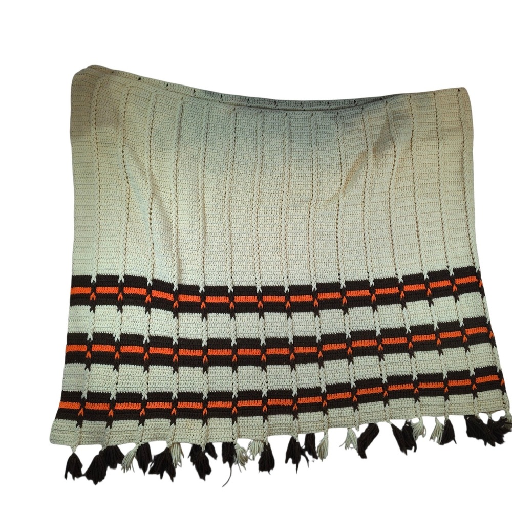 Handmade 100"x38" Couch Throw Blanket Cream Brown Orange Retro Crochet Tassels